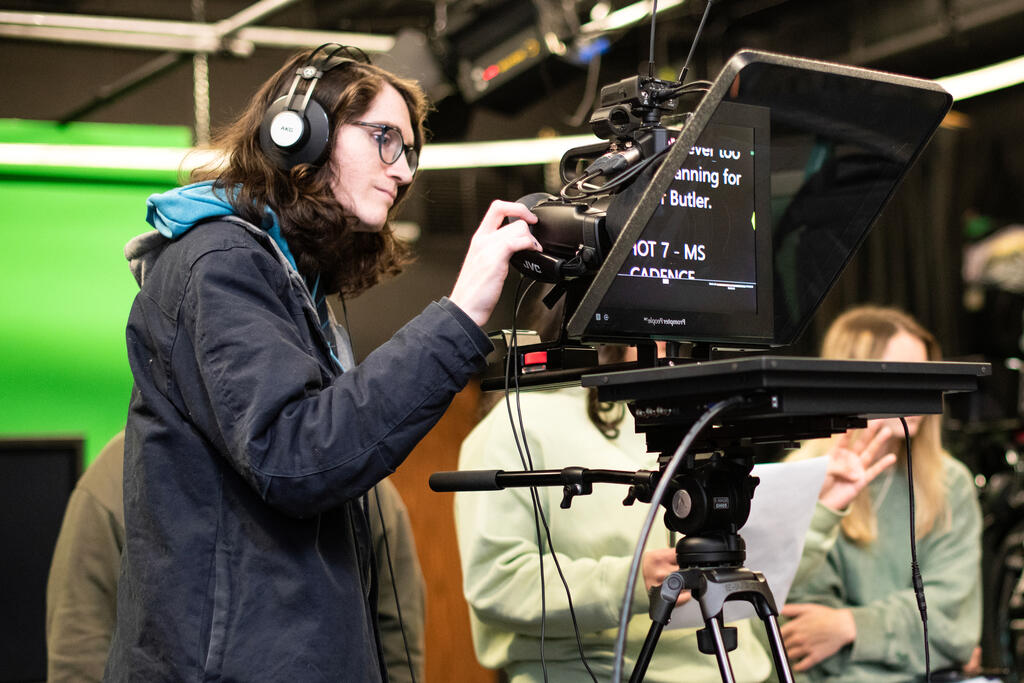 Radio/TV students recording their news show, Campus Edge