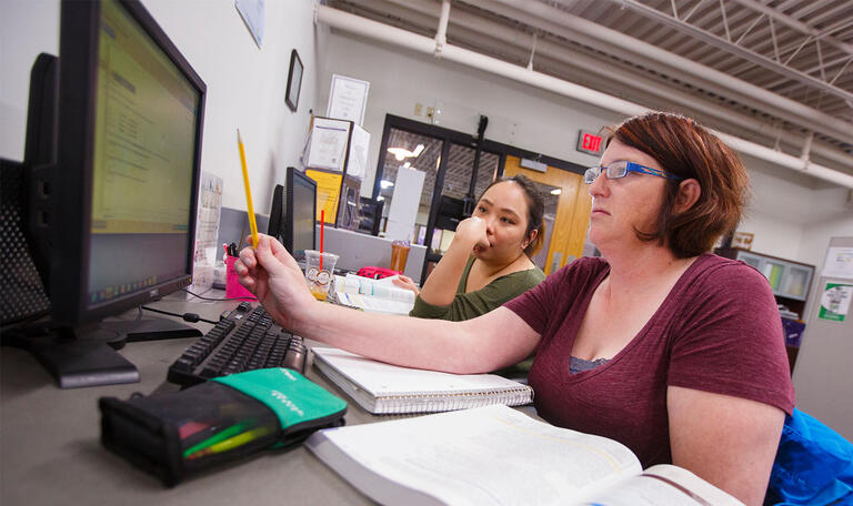 Two people looking at a computer monitor