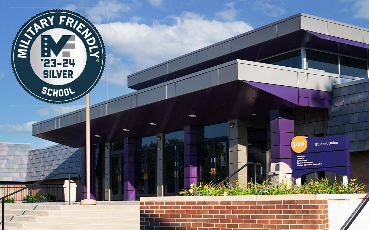 Military Friendly logo on an image of Butler's student union in El Dorado